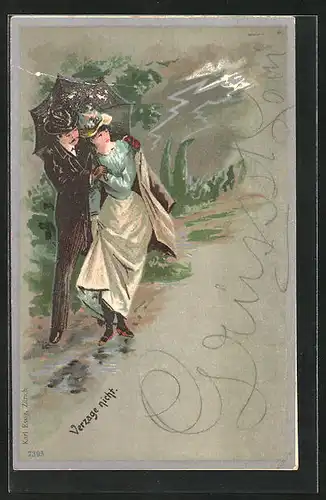 AK Liebespaar bei Spaziergang während eines Gewitters