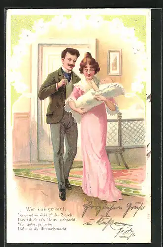 Präge-AK Liebespaar mit neugeborenem Kind auf dem Arm