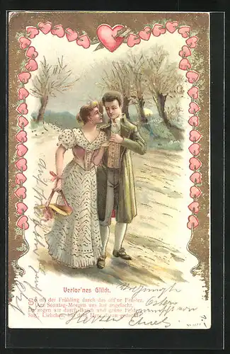 AK Liebespaar spazieren durch winterliche Landschaft