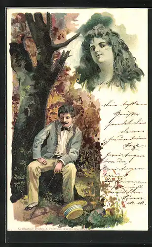 Lithographie Mann in Gedanken bei seiner Geliebten