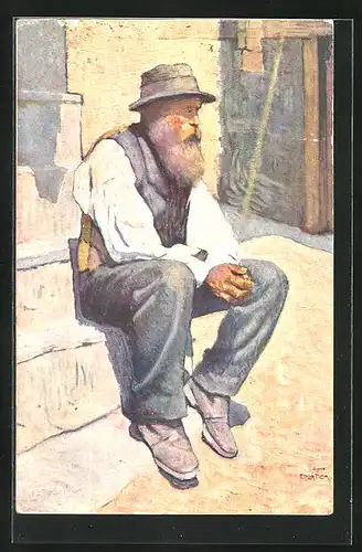 Künstler-AK Älterer Mann sitzt auf Treppenstufen, Pro Juventute
