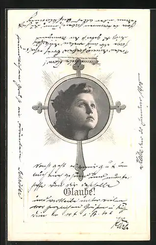 AK Mädchen im Rahmen mit Kreuz