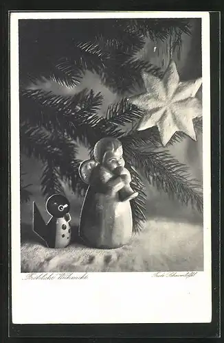 AK Engel und Vogel am Weihnachtsbaum, Holzspielzeug