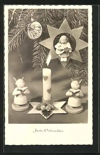 AK Engel und Kerze an Weihnachten, Holzspielzeug