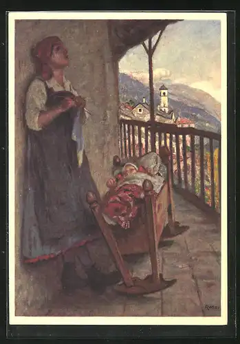 Künstler-AK Mutter mit Wiege, Pro Juventute