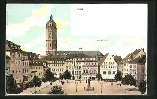 AK Jena, Marktplatz mit Weinhandlung und Denkmal