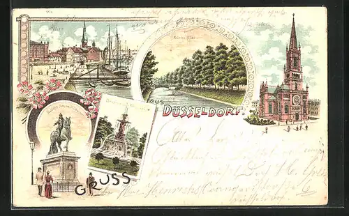 Lithographie Düsseldorf, Werft, Johanneskirche, Brunnen i. d. Königsallee