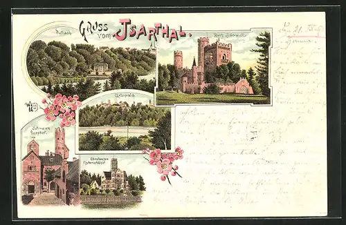 Lithographie Pullach, Grüsse aus dem Isartal, Burg Schwanek, Ebenhausen Fischerschlössl