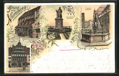 Lithographie Nürnberg, Hans Sachs Denkmal, Tugend-Brunnen, Bratwurstglöcklein
