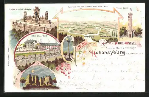 Lithographie Hohensyburg, Kaiser-Wilhelm-Denkmal, Hotel Richard Wulf, Vincke Turm