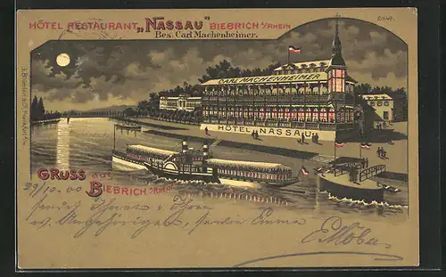 Mondschein-Lithographie Biebrich, Hotel-Restaurant Nassau am Rheinufer mit Ausflugsdampfer