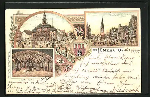 Lithographie Lüneburg, Rathaus, Sam Sande, Rathauslaube
