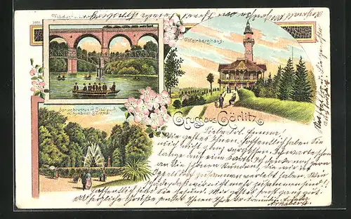 Lithographie Görlitz, Weinberghaus, Springbrunnen im Park, Humboldt-Denkmal