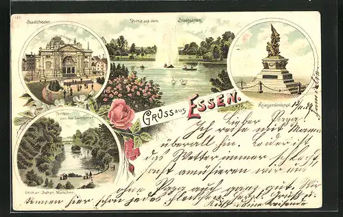 Lithographie Essen, Stadttheater, Kriegerdenkmal, Stadtgarten