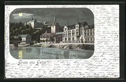 Mondschein-Lithographie Gera, Schloss Osterstein am Wasser