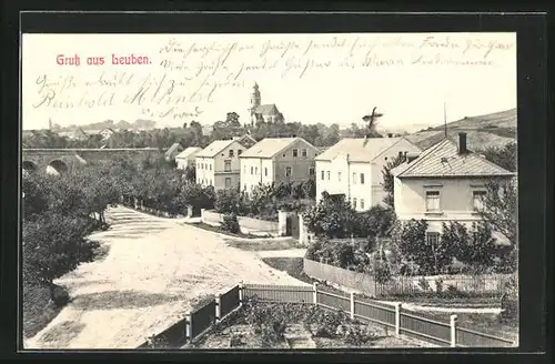 AK Leuben, Ortspartie mit Blick auf Kirche