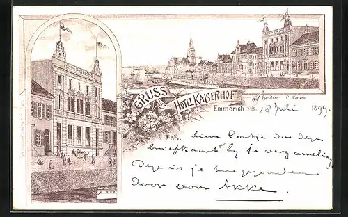 Lithographie Emmerich /Rh., Hotel Kaiserhof, Flusspartie mit Dampfer