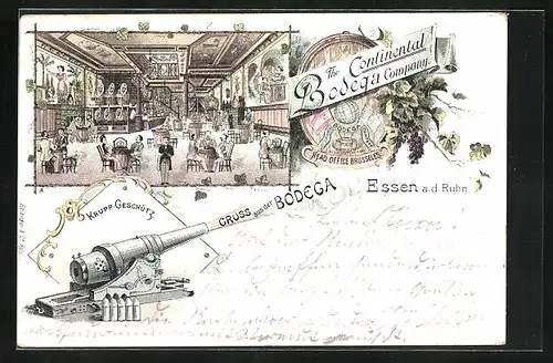 Lithographie Essen a. d. Ruhr, Restaurant Bodega, The Continental Bodega Company, Krupp Geschütz