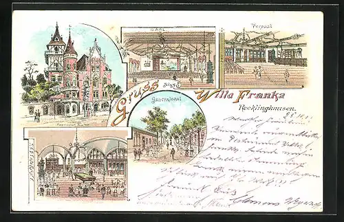 Lithographie Recklinghausen, Hotel Villa Franka mit Saal, Vorsaal und Gartenlokal