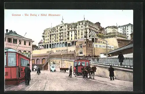AK Genova, Via Doria e Hotel Miramare, Pferdebahn