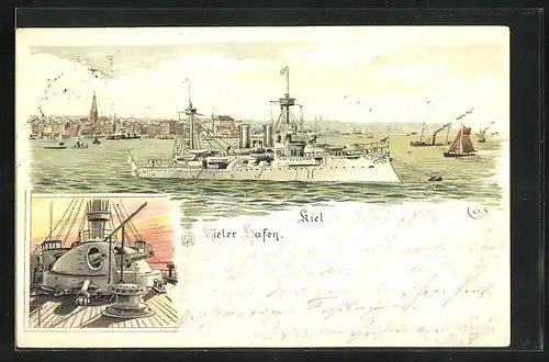 Vorläufer-Lithographie Kiel, 1895, Kriegshafen mit Schiffen, Geschütz