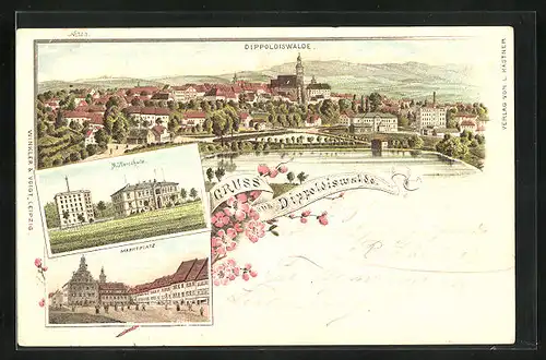 Lithographie Dippoldiswalde, Müllerschule, Marktplatz, Panorama