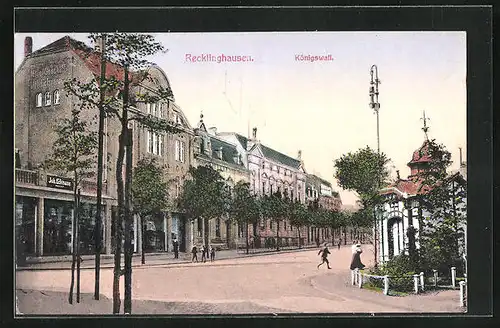 AK Recklinghausen, Strassenpartie am Königswall mit Geschäft von Joh. Eckmann