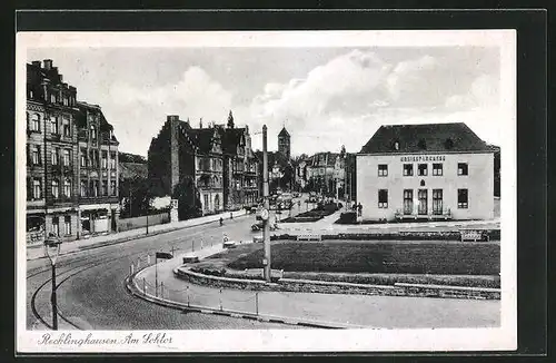 AK Recklinghausen, Strassenpartie am Lohtor mit Kreissparkasse und Strassenbahn