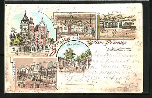 Lithographie Recklinghausen, Hotel Villa Franka mit Saal und Restaurant Gartenlokal