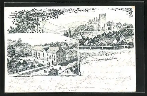 Lithographie Blankenstein, Hotel Petring, Blick auf Burg