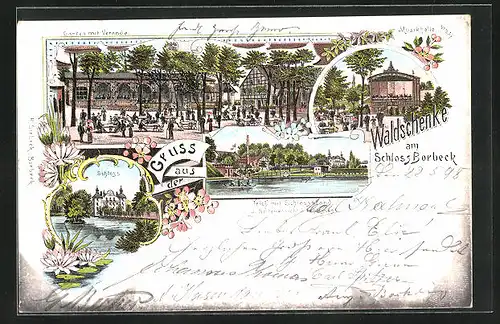 Lithographie Borbeck, Restaurant Waldschenke, Musikhalle, Schloss, Teich mit Schiessstand