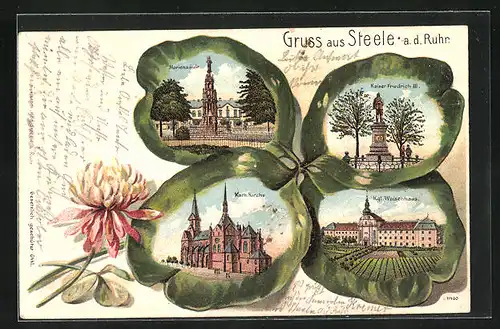 Passepartout-Lithographie Steele a. d. Ruhr, Mariensäule, Kgl. Waisenhaus, Kaiser Friedrich III. Denkmal, Kleeblatt