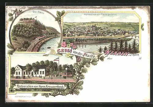 Lithographie Werden a. d. Ruhr, Restaurant v. Herm. Kreuzenbeck, Die Platte, Panorama