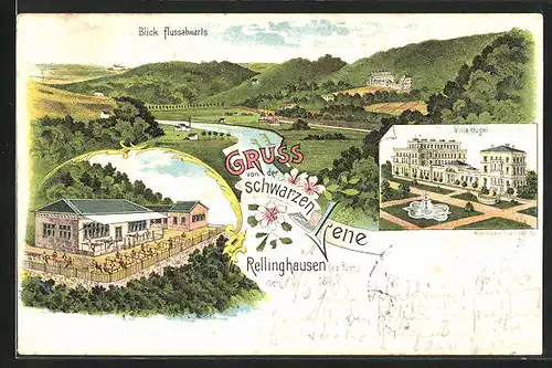 Lithographie Rellinghausen /Ruhr, Villa Hügel, Gasthaus schwarze Lene, Blick flussabwärts