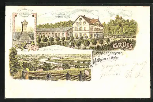 Lithographie Mülheim a. d. Ruhr, Erholungshaus Tersteegenruh, Gerh. Tersteegen-Denkmal, Panorama