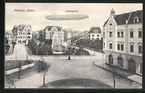 AK Mülheim /Ruhr, Zeppelin über dem Goetheplatz