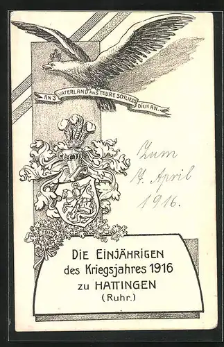 Künstler-AK Hattingen /Ruhr, Die Einjährigen des Kriegsjähres 1916, Adler und Studentenwappen, Absolvia