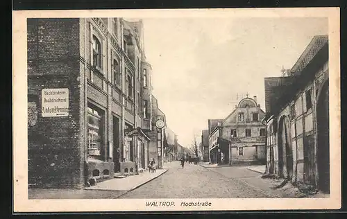 AK Waltrop, Hochstrasse mit Buchdruckerei Anton Benning und Geschäften