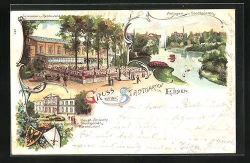 Lithographie Essen, Stadtgarten-Restaurant, Terrasse, Anlagen u. Stadtgarten