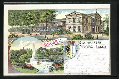 Lithographie Essen, Restaurant Stadtgarten, Uferpartie mit Fontäne