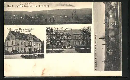 AK Weissenborn b. Freiberg, Sattlerei und Kartenspezialhaus, Schule, Rittergut mit Kirche und Herrenhaus