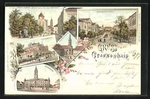 Lithographie Grossenhain, Postgebäude, Rathaus, Bahnhofstrasse