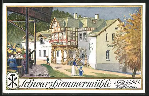Künstler-AK Netzschkau, Gasthaus Schwarzhammermühle