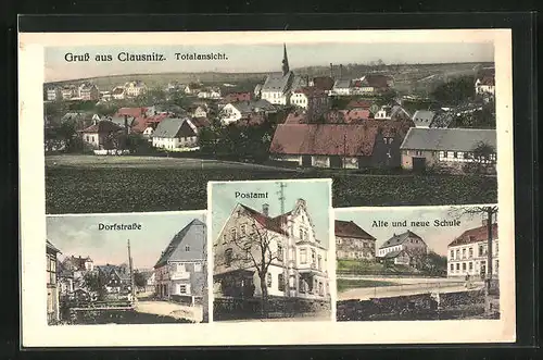 AK Clausnitz, Dorfstrasse, Postamt, Alte und Neue Schule