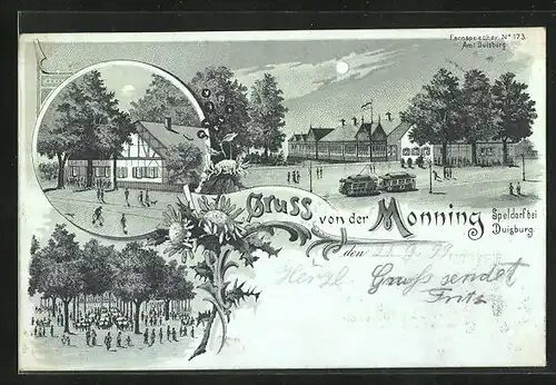 Lithographie Speldorf bei Duisburg, Verschiedene Ansichten mit Strassenbahn