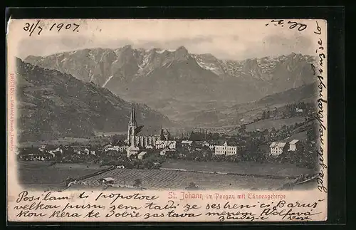Relief-AK St. Johann im Pongau, Totalansicht mit Tännergebirge