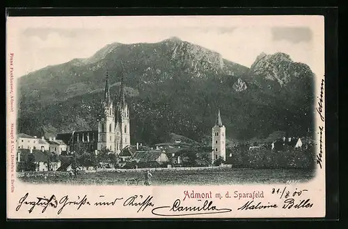 Relief-AK Admont, Teilansicht mit dem Sparafeld, Kirche