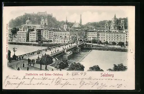 Relief-AK Salzburg, Stadtbrücke und Hohen-Salzburg