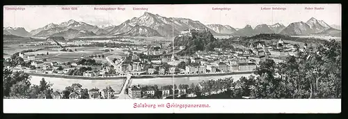 Klapp-AK Salzburg, Hotel-Pension Mozart, Franz Josefstrasse 8, Ortsansicht mit Gebirgspanorama