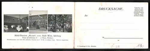 Klapp-AK Salzburg, Hotel-Pension Mozart, Franz Josefstrasse 8, Ortsansicht mit Gebirgspanorama